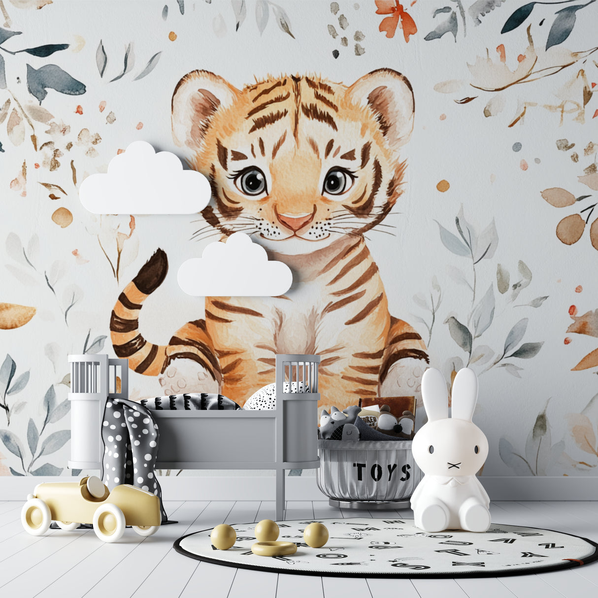 Baby Tiger Mural adding charm to a Scandinavian-style kids room