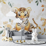 Baby Tiger Wallpaper bringing charm to a peaceful nursery with soft textiles and gentle lighting