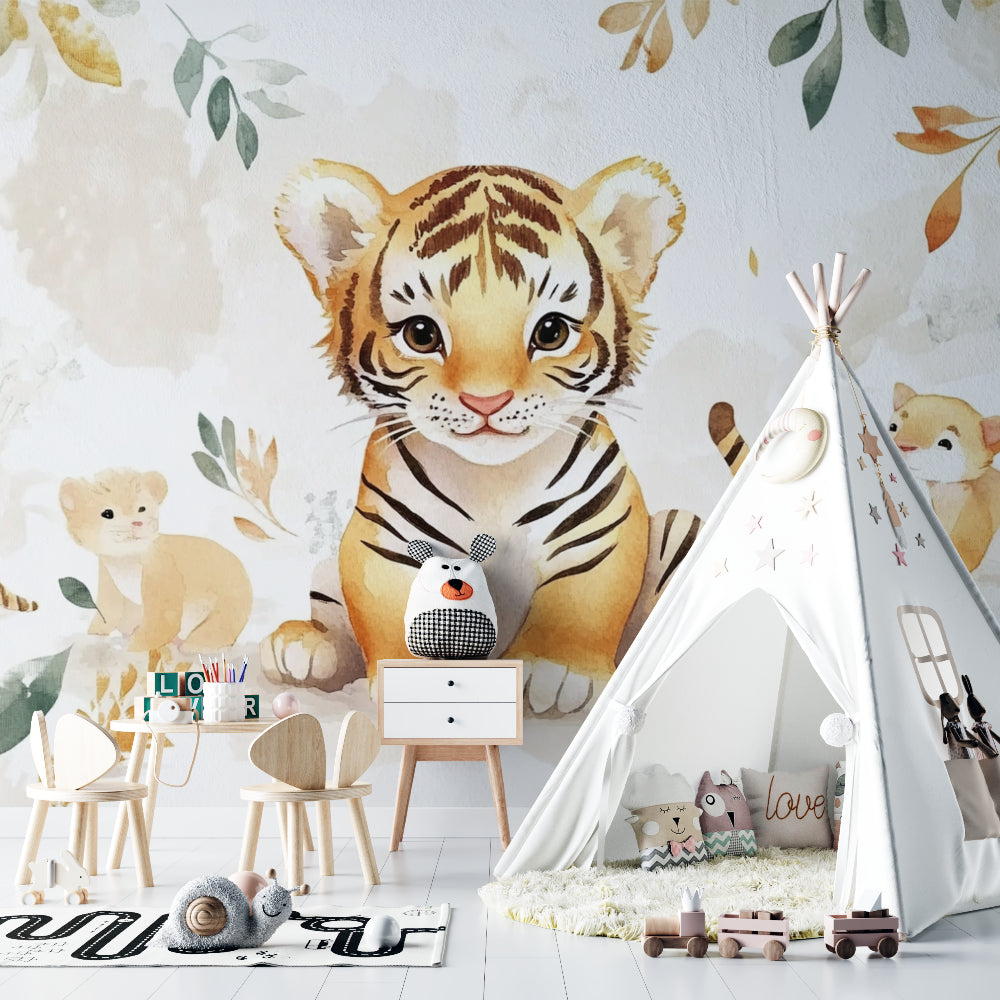 Forest Friends Wallpaper showcased in a playful children's reading nook with comfortable seating