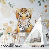 Forest Friends Wallpaper showcased in a playful children's reading nook with comfortable seating
