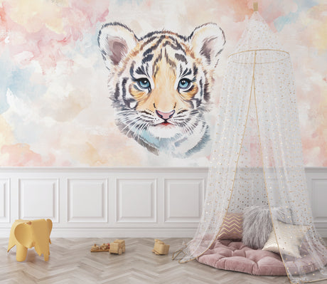 Sweet tiger cub wallpaper creates magic in this bright nursery with soft pastel accents