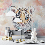 Tiger wallpaper in soft pastels makes this bedroom feel dreamy and peaceful
