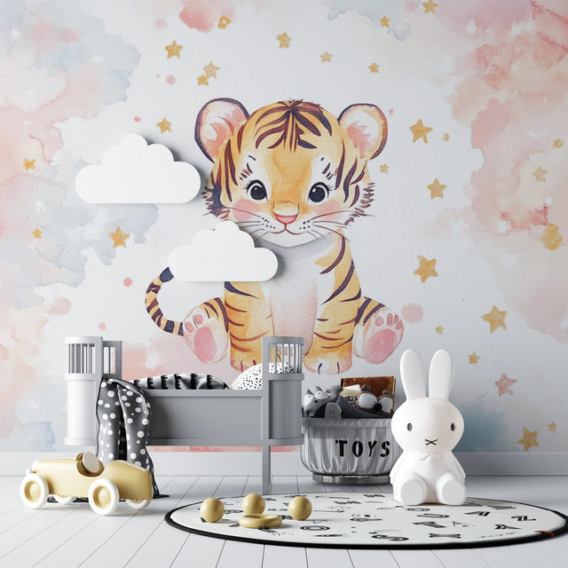 Tiger cub wallpaper bringing warmth to a modern nursery with soft pink and blue tones