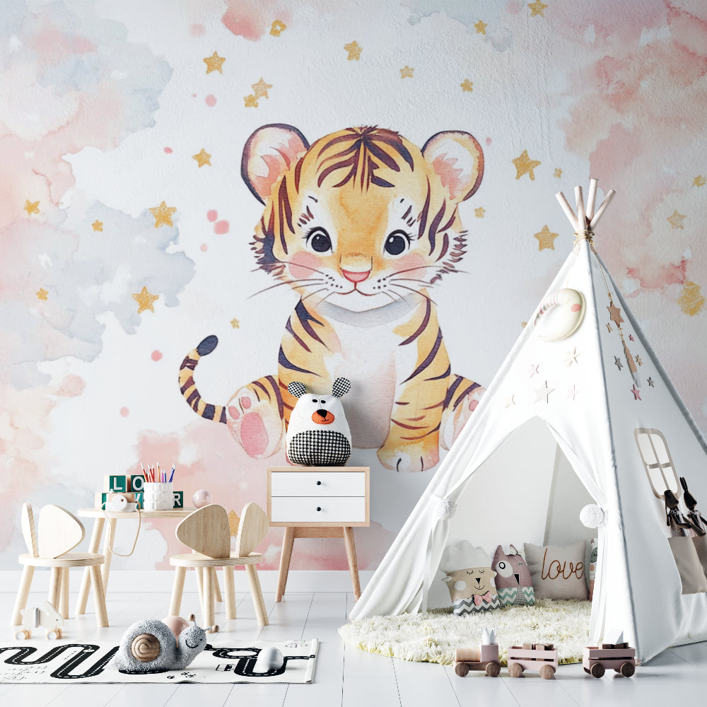 Baby tiger wall mural creating magic in a toddler's bedroom with starry accents