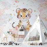 Baby tiger wall mural creating magic in a toddler's bedroom with starry accents