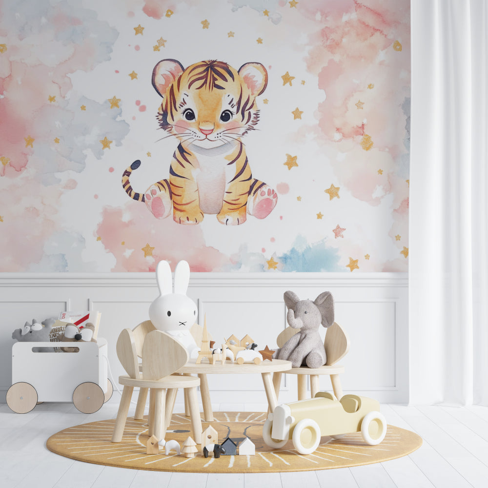 Watercolor tiger wallpaper brightening a playroom with golden stars and clouds