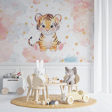 Watercolor tiger wallpaper brightening a playroom with golden stars and clouds