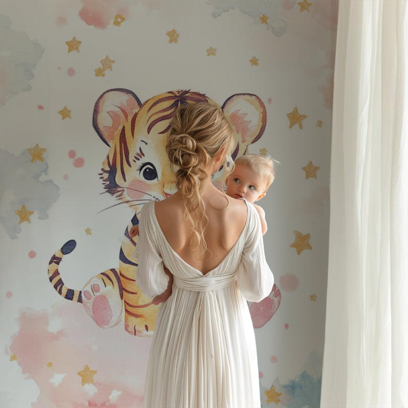 Tiger nursery wallpaper showcased in a reading nook with dreamy atmosphere
