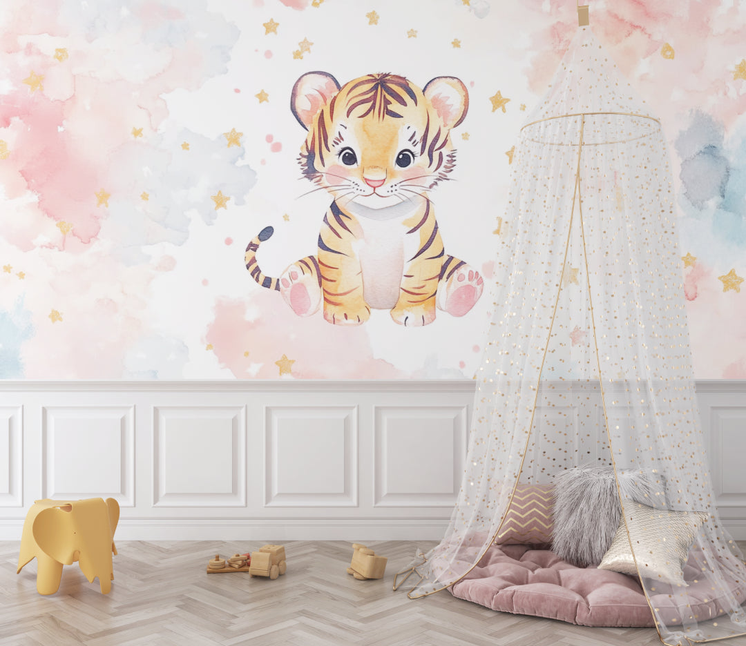Baby tiger mural adding charm to a kids bedroom with soft watercolor details