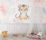 Baby tiger mural adding charm to a kids bedroom with soft watercolor details