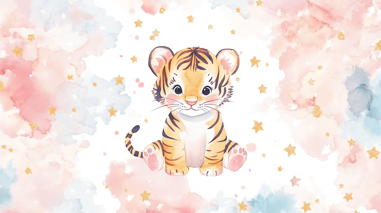 Tiger cub wallpaper design file showing watercolor pattern with stars and clouds