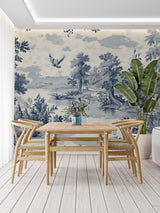 French blue Toile wallpaper in hallway with traditional decor