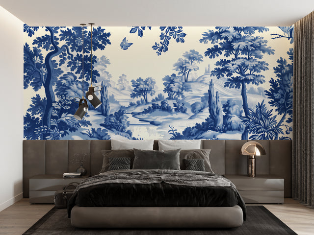 Blue Toile de Jouy wallpaper in elegant dining room with crystal chandelier and white wainscoting