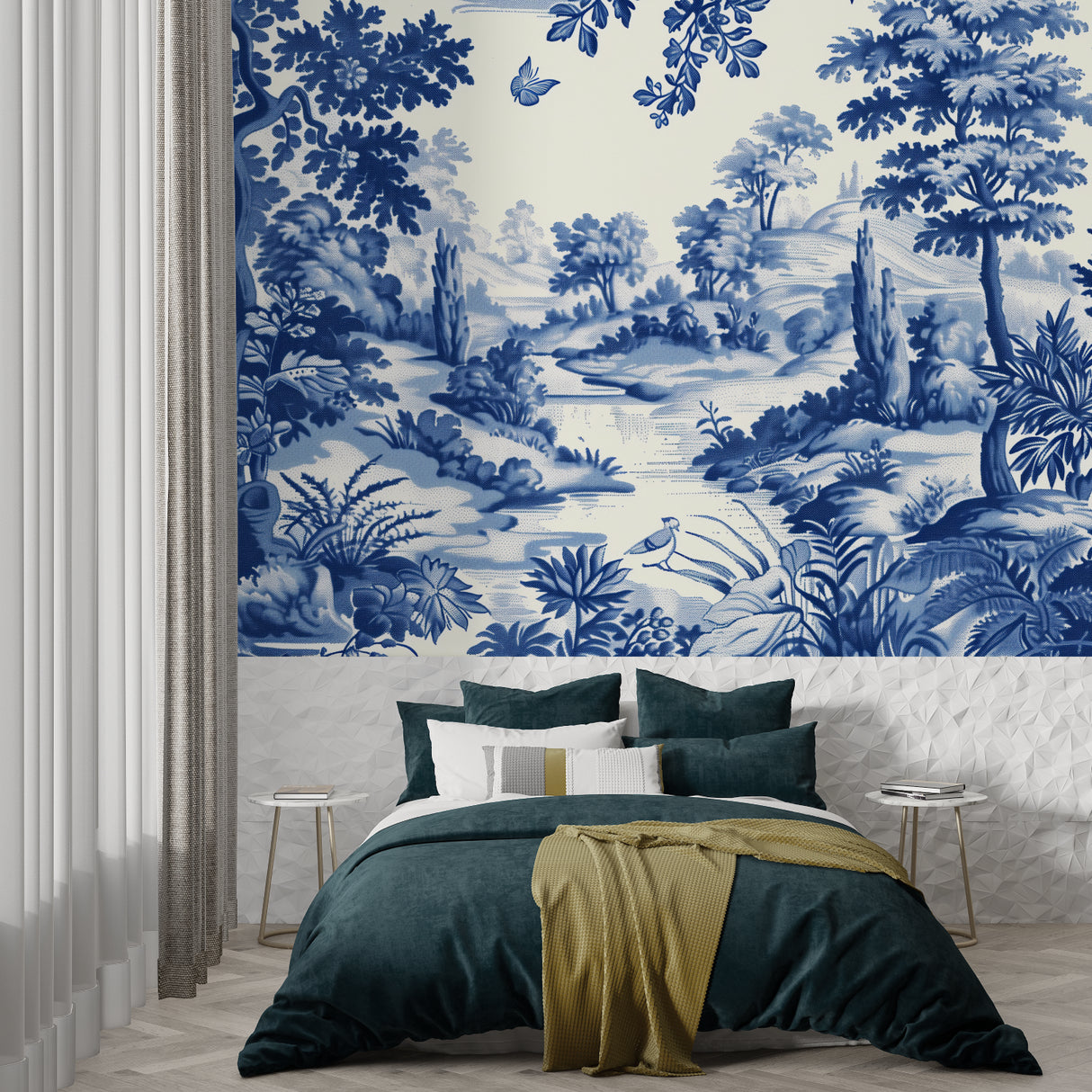 Classic blue and white Toile wallpaper in modern living room setting with contemporary furniture