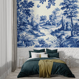 Classic blue and white Toile wallpaper in modern living room setting with contemporary furniture