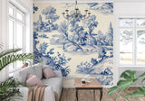 Home office with French toile de jouy wallpaper creating a sophisticated atmosphere