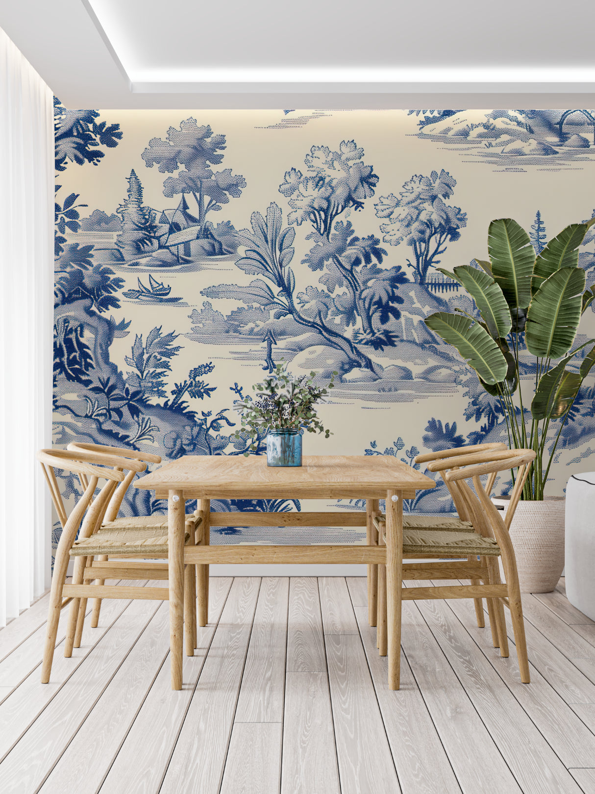 Powder room transformed with blue and cream pastoral wallpaper design