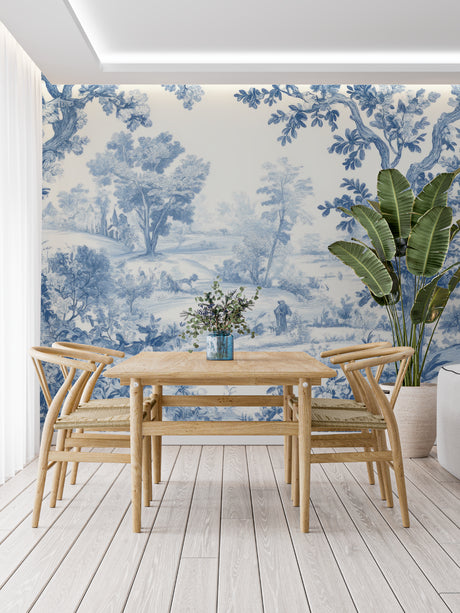Blue Toile de Jouy wallpaper in elegant dining room, creating a sophisticated French atmosphere