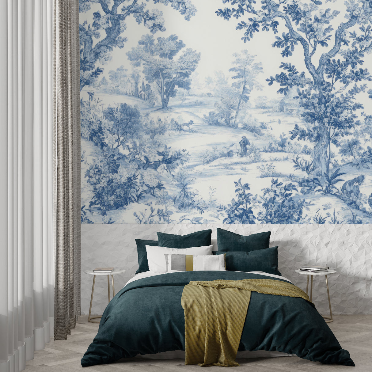 Blue and white Toile wallpaper bringing elegance to home office