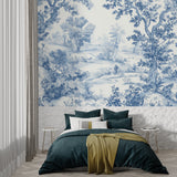 Blue and white Toile wallpaper bringing elegance to home office