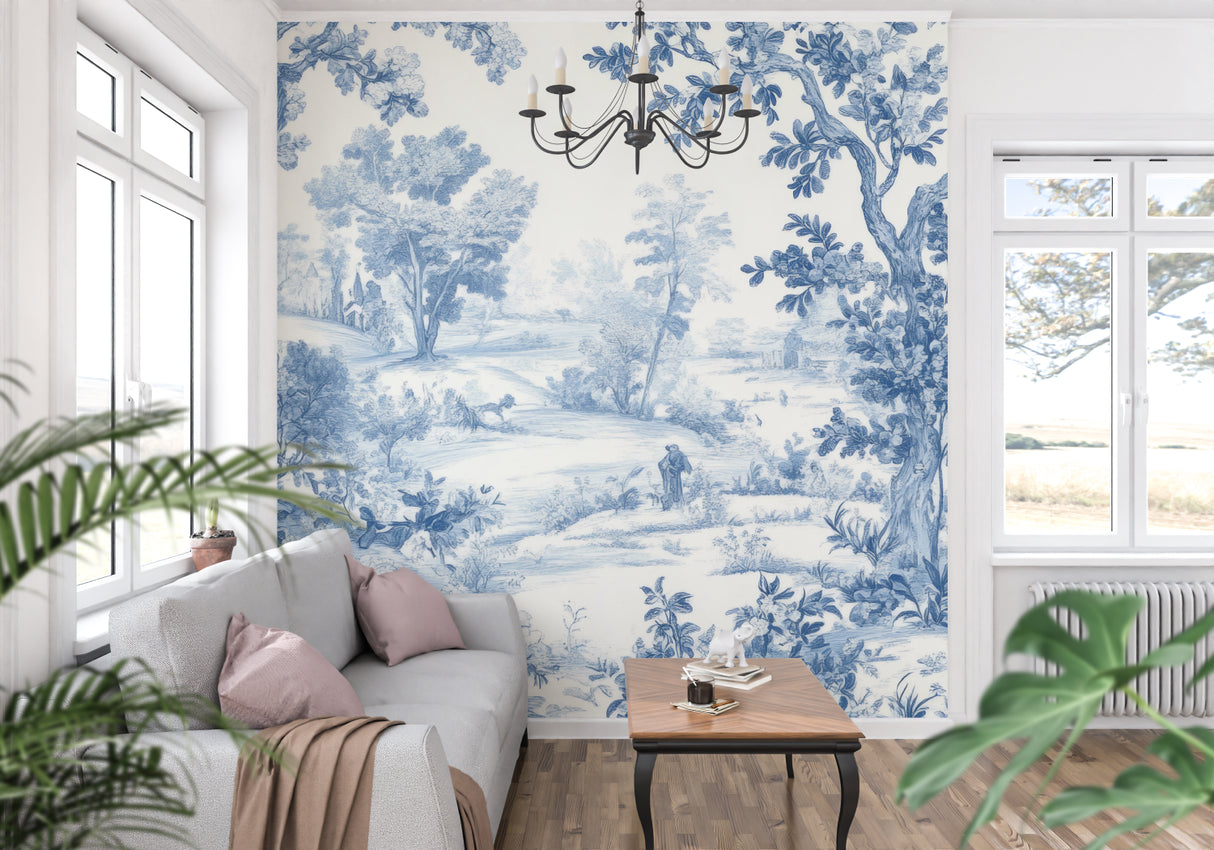 Traditional Toile de Jouy pattern in hallway setting