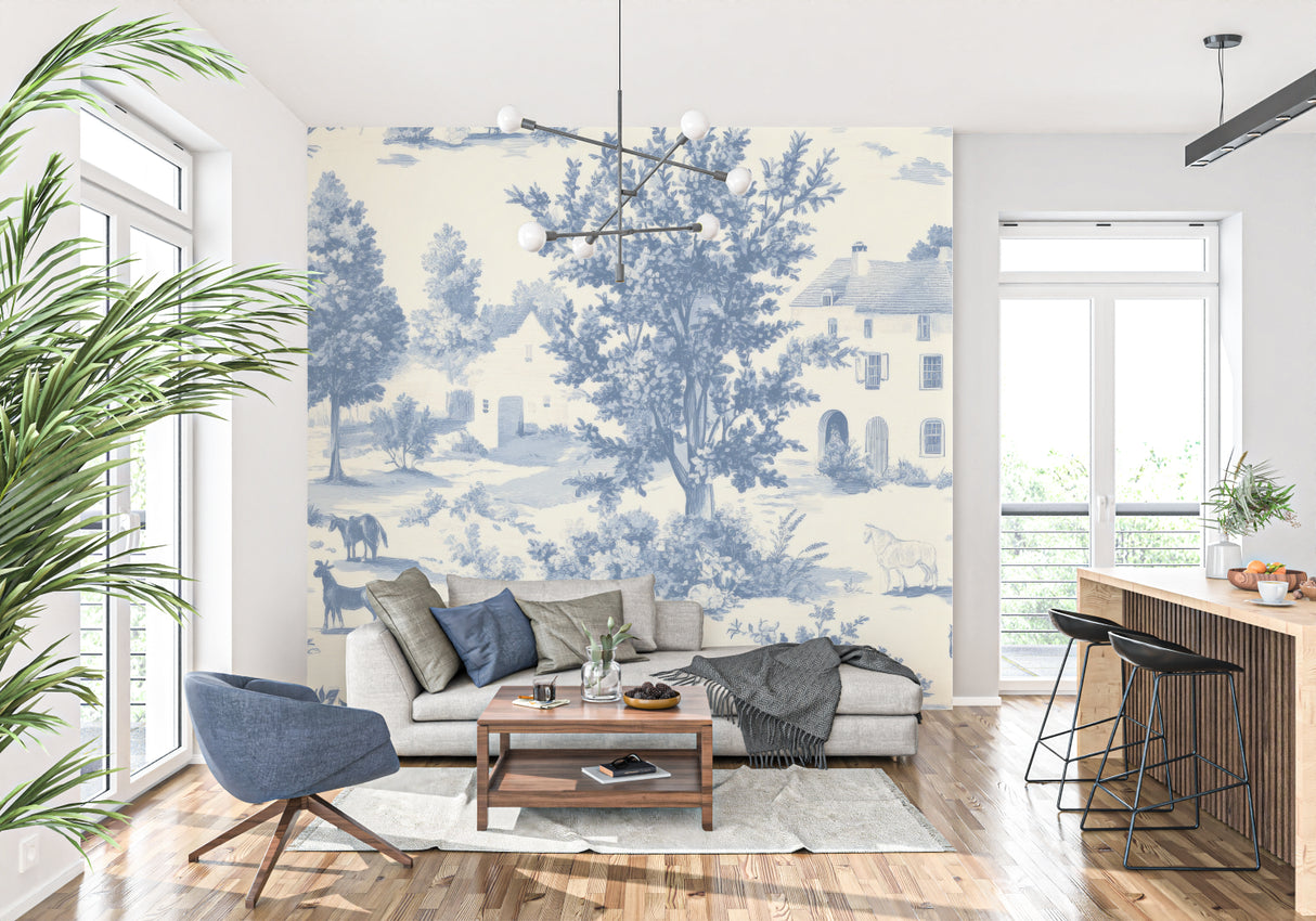 French country bedroom featuring blue pastoral scene wallpaper with antique furniture