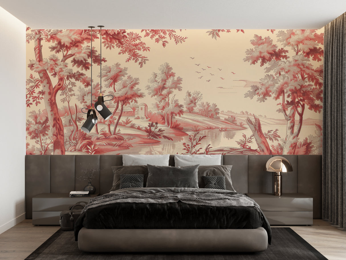 Red Toile de Jouy wallpaper in elegant dining room with crystal chandelier and wooden furniture