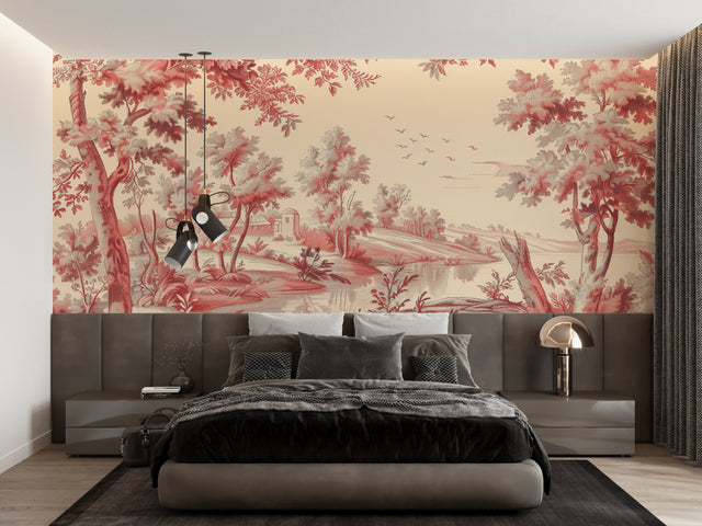 Red Toile de Jouy wallpaper in elegant dining room with crystal chandelier and wooden furniture