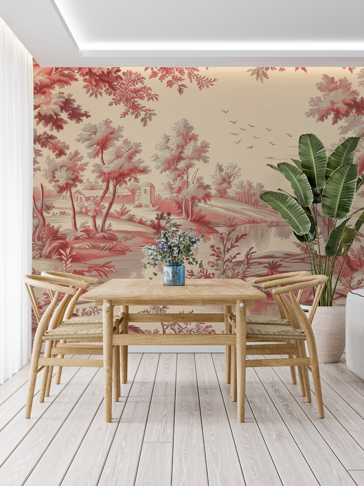 Traditional Toile de Jouy wallpaper in hallway with antique mirror