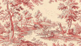 Design file showing detailed red Toile de Jouy pattern with French countryside scenes