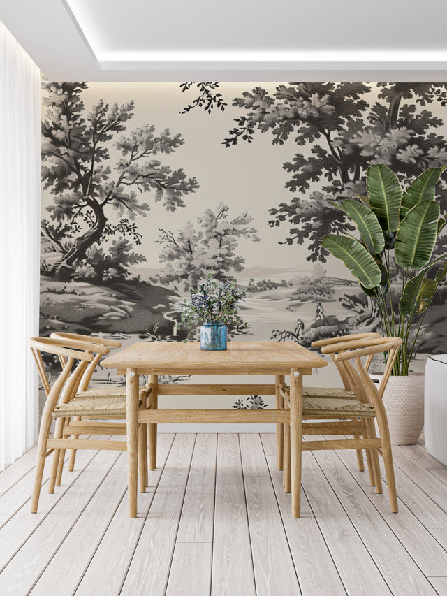 Grey Toile de Jouy wallpaper in modern living room with natural light highlighting the detailed landscape pattern