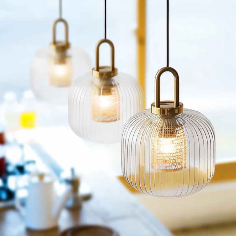 Modern Glass Pendant Light  Ribbed Design With Brass Accent - Product detail 5