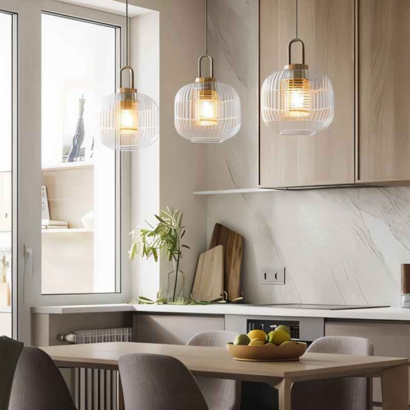Modern Glass Pendant Light  Ribbed Design With Brass Accent - Product detail 4