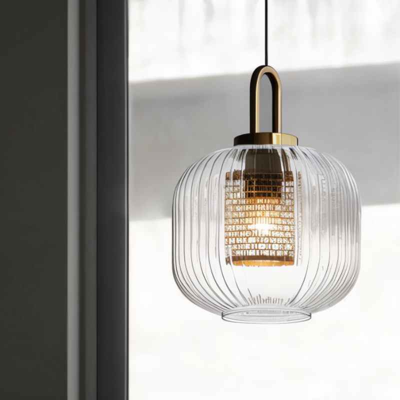 Modern Glass Pendant Light  Ribbed Design With Brass Accent - Product example