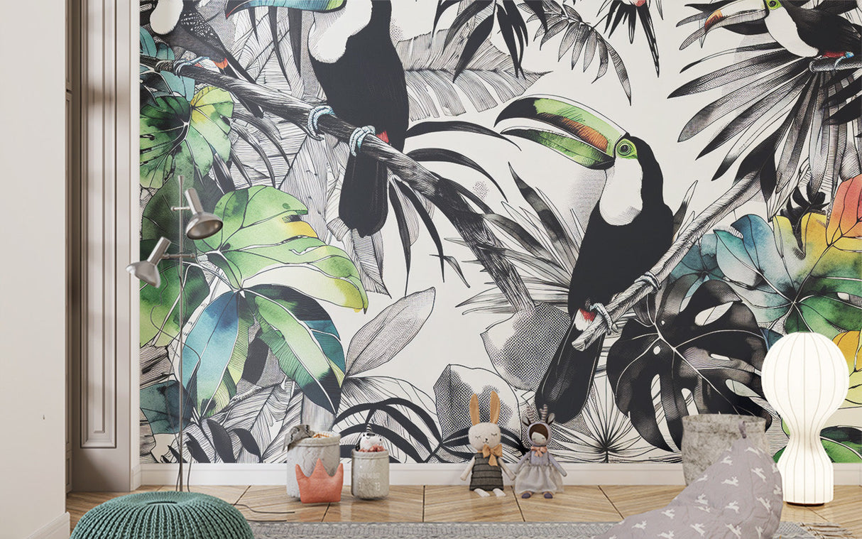 Tropical bird mural in dining room with contemporary furniture