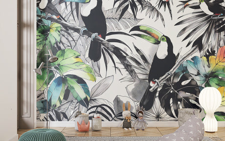 Tropical bird mural in dining room with contemporary furniture