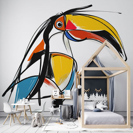 Modern abstract Toucan wallpaper creating a striking focal point in a minimalist living room with white furniture