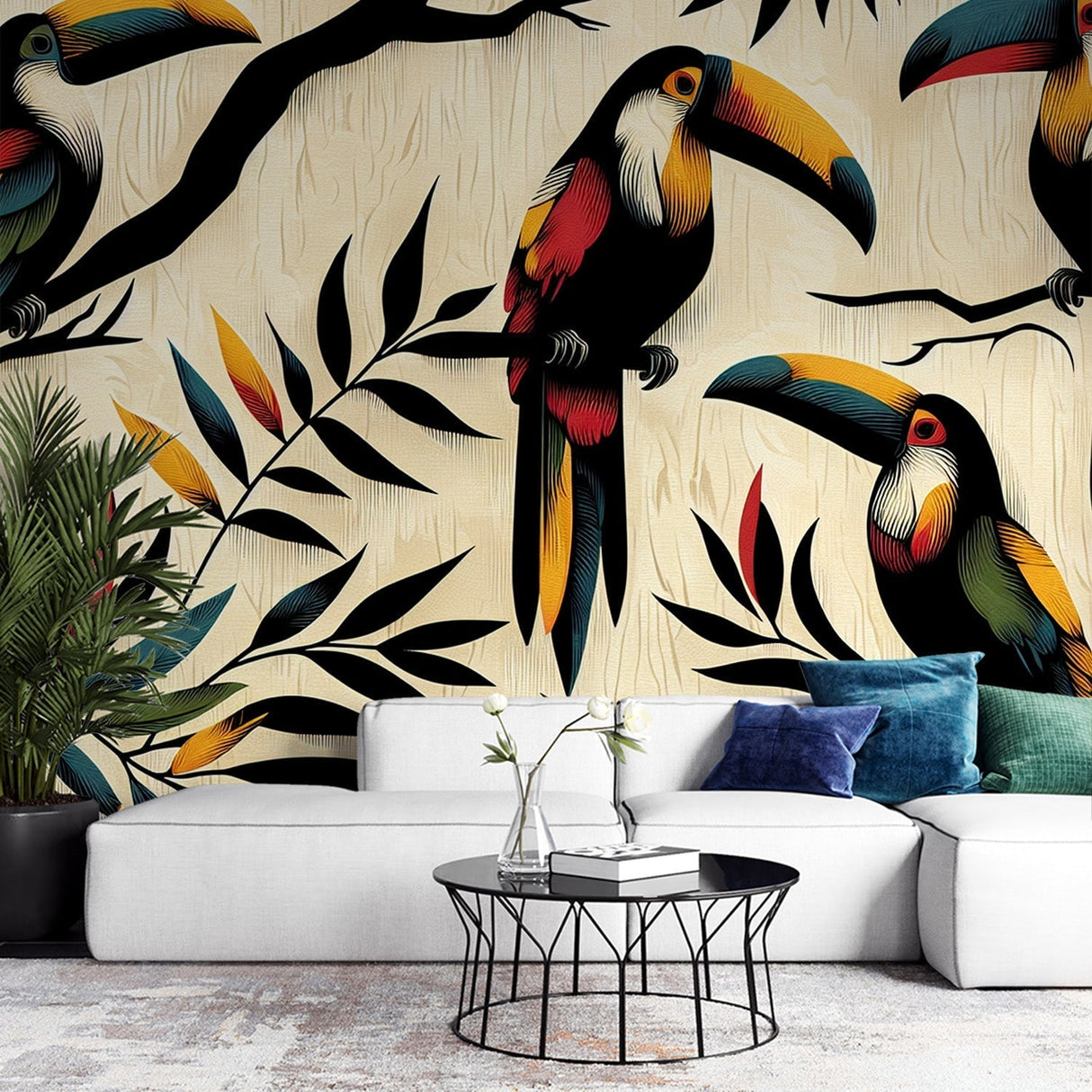 Tropical bird wallpaper with orange toucans and black leaves creating depth in a modern living room setting