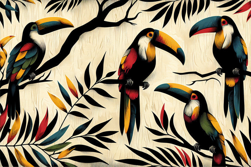 Toucan wallpaper design file showing detailed tropical birds and black foliage pattern