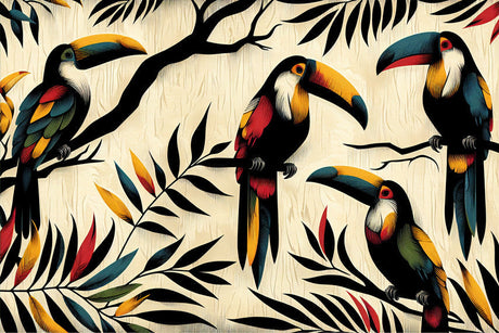 Toucan wallpaper design file showing detailed tropical birds and black foliage pattern