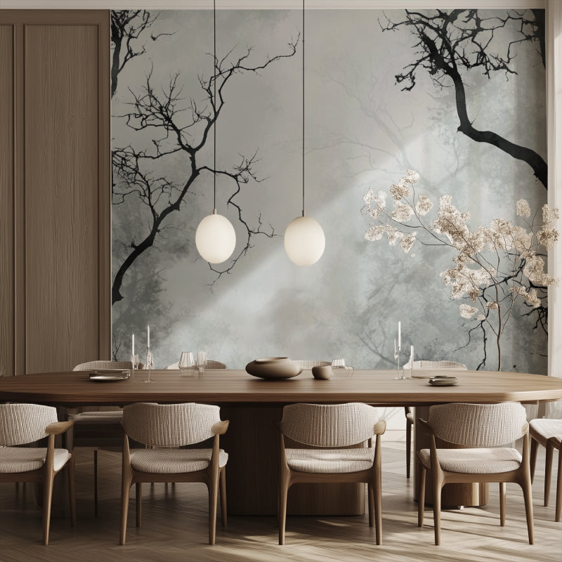 Black branch wall mural creating elegant atmosphere in master bedroom with contemporary furniture