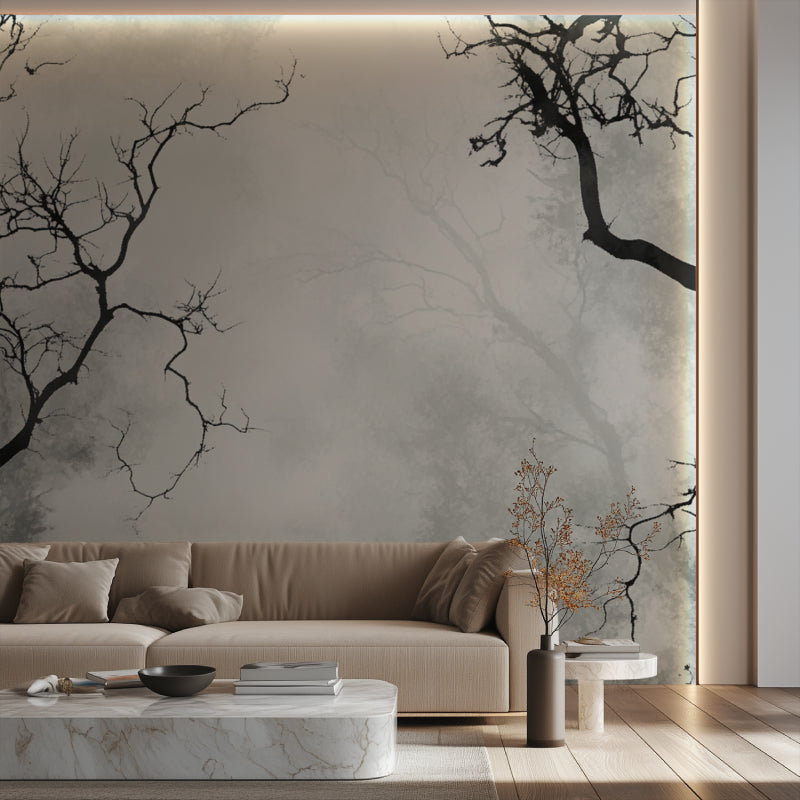 Modern dining room featuring minimalist tree branch wallpaper in black and grey tones