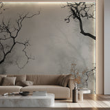 Modern dining room featuring minimalist tree branch wallpaper in black and grey tones
