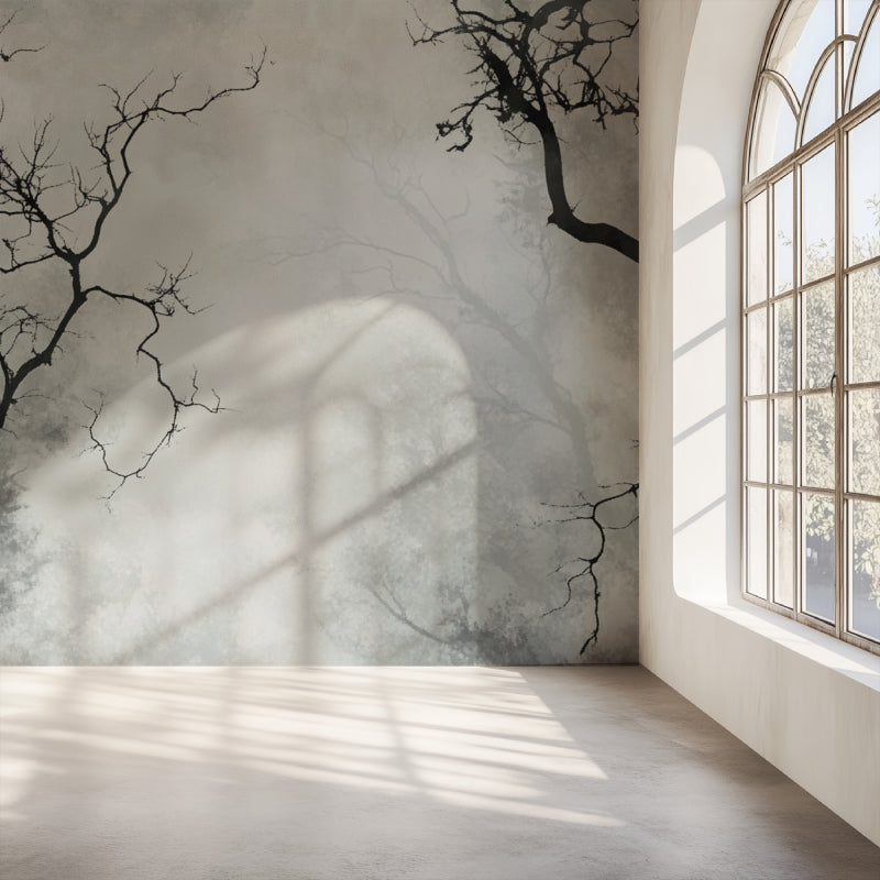 Home office space with grey tree branch mural adding depth and sophistication
