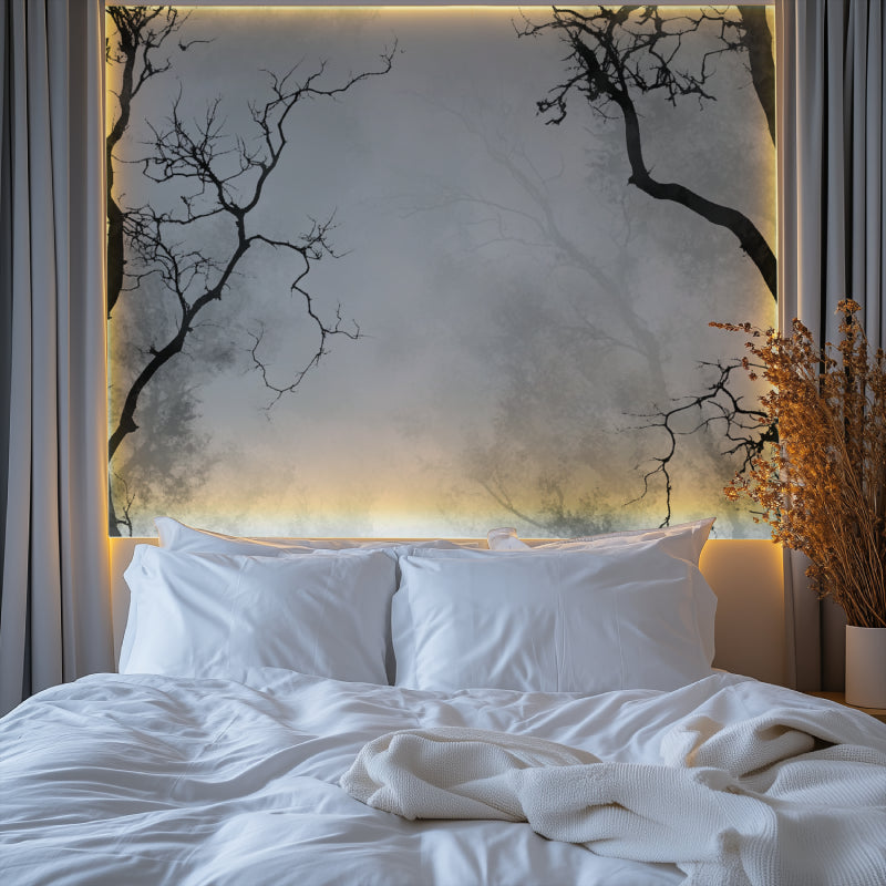Hallway decorated with black branch wallpaper showing natural light interaction
