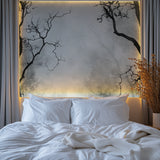 Hallway decorated with black branch wallpaper showing natural light interaction