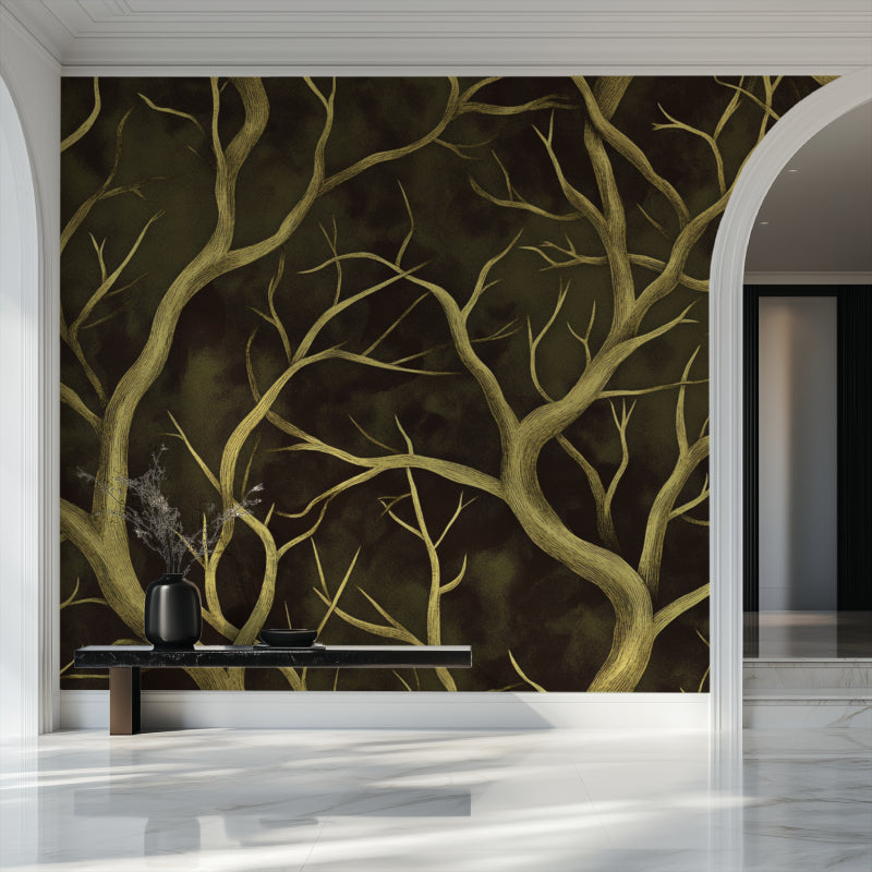 Nature-inspired gold branch wallpaper making a statement in a master bedroom