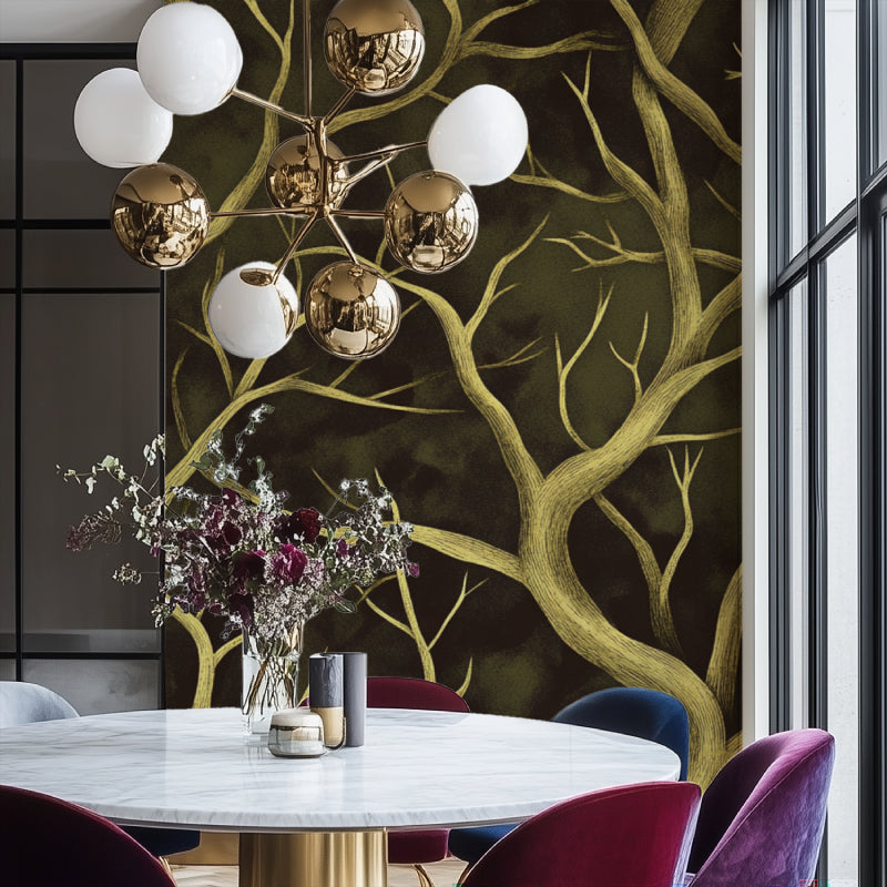Botanical wall mural featuring golden branches in a home office space