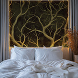Green and gold tree branch wallpaper creating depth in an entryway