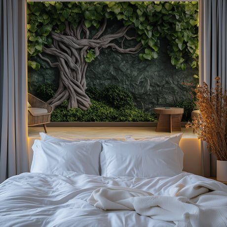 3D tree wallpaper creating depth in modern living room with gray sofa